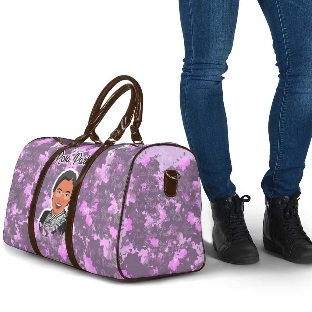 Rosa Parks Travel Bag Purple Floral Pattern Civil Rights Tribute Bold Name Repeated Text Design - Wonder Print Shop