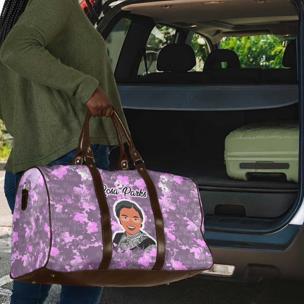 Rosa Parks Travel Bag Purple Floral Pattern Civil Rights Tribute Bold Name Repeated Text Design - Wonder Print Shop
