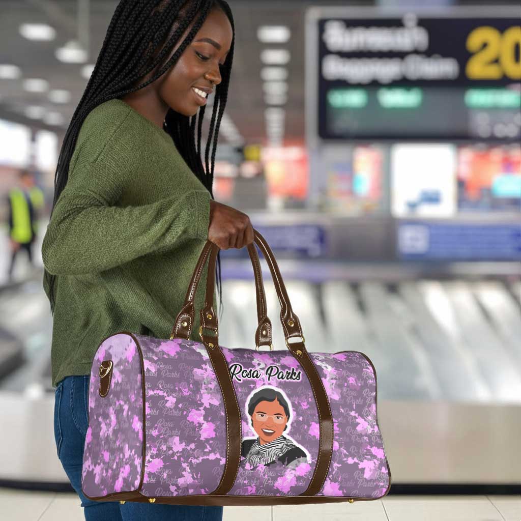 Rosa Parks Travel Bag Purple Floral Pattern Civil Rights Tribute Bold Name Repeated Text Design - Wonder Print Shop