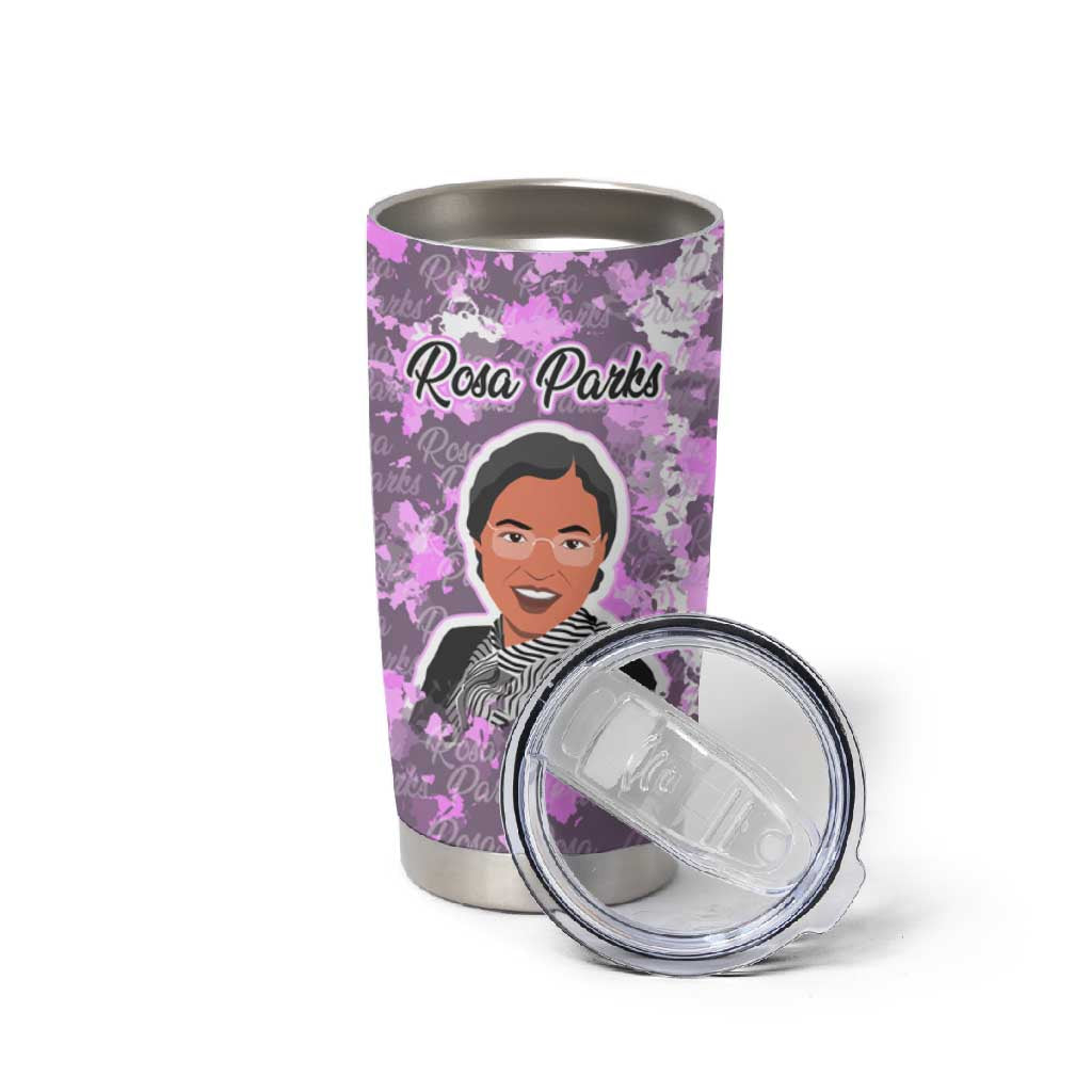 Rosa Parks Tumbler Cup Purple Floral Pattern Civil Rights Tribute Bold Name Repeated Text Design - Wonder Print Shop