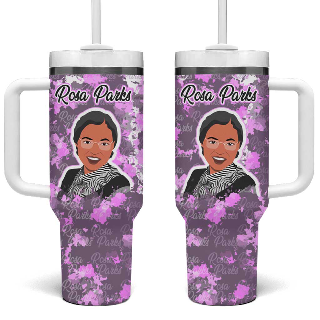 Rosa Parks Tumbler With Handle Purple Floral Pattern Civil Rights Tribute Bold Name Repeated Text Design - Wonder Print Shop
