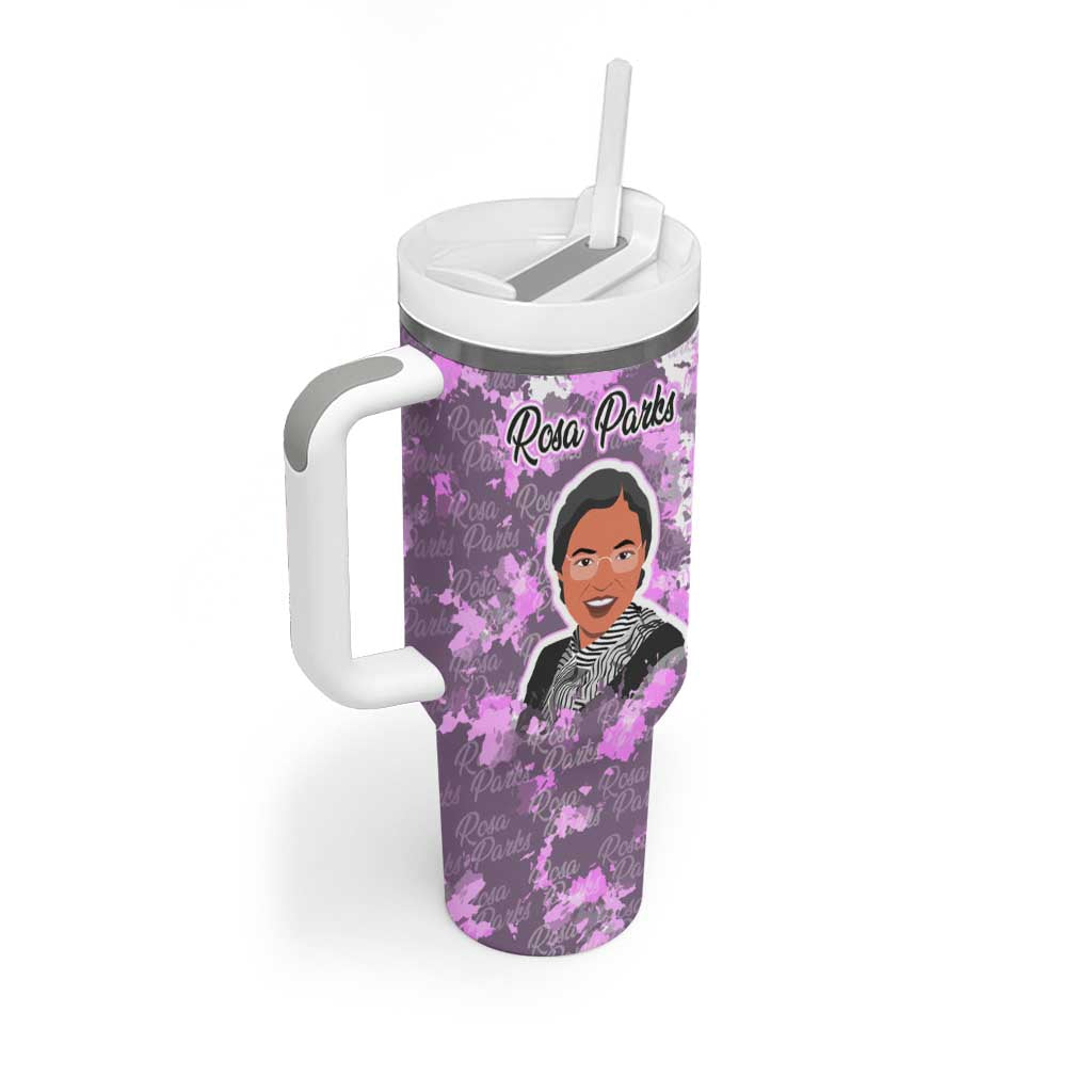 Rosa Parks Tumbler With Handle Purple Floral Pattern Civil Rights Tribute Bold Name Repeated Text Design - Wonder Print Shop