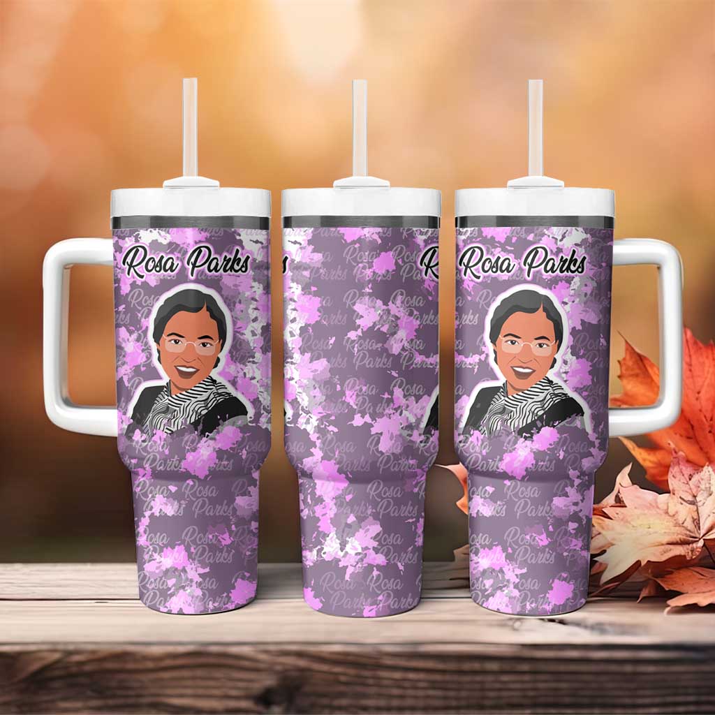 Rosa Parks Tumbler With Handle Purple Floral Pattern Civil Rights Tribute Bold Name Repeated Text Design - Wonder Print Shop