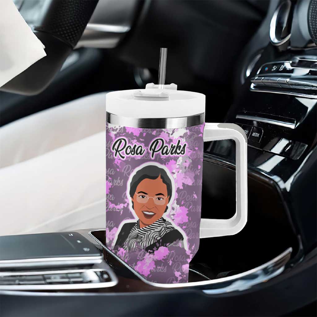 Rosa Parks Tumbler With Handle Purple Floral Pattern Civil Rights Tribute Bold Name Repeated Text Design - Wonder Print Shop