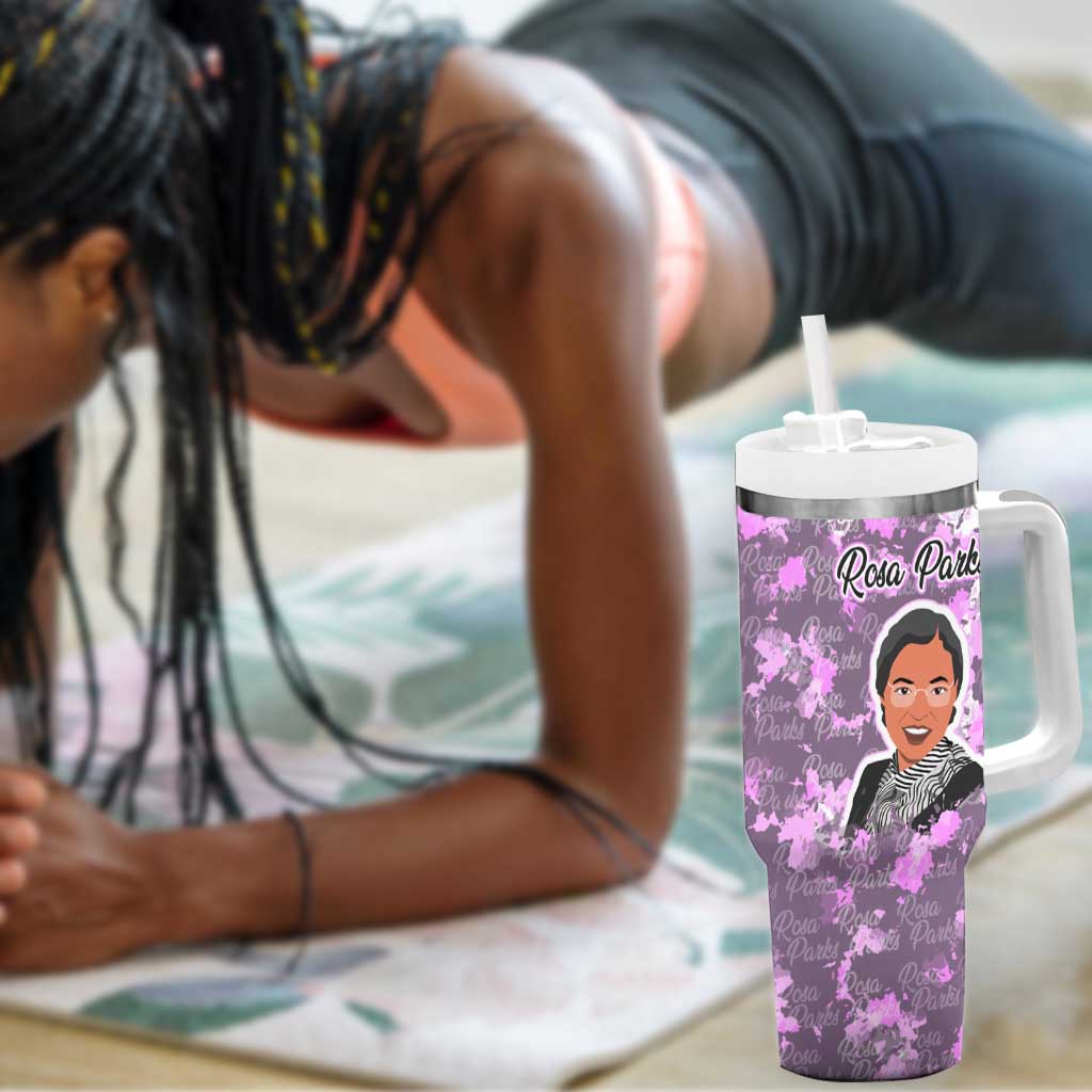 Rosa Parks Tumbler With Handle Purple Floral Pattern Civil Rights Tribute Bold Name Repeated Text Design - Wonder Print Shop