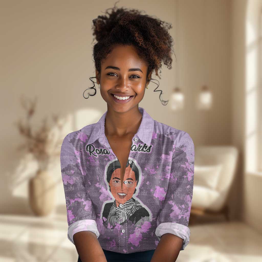 Rosa Parks Women Casual Shirt Purple Floral Pattern Civil Rights Tribute Bold Name Repeated Text Design - Wonder Print Shop