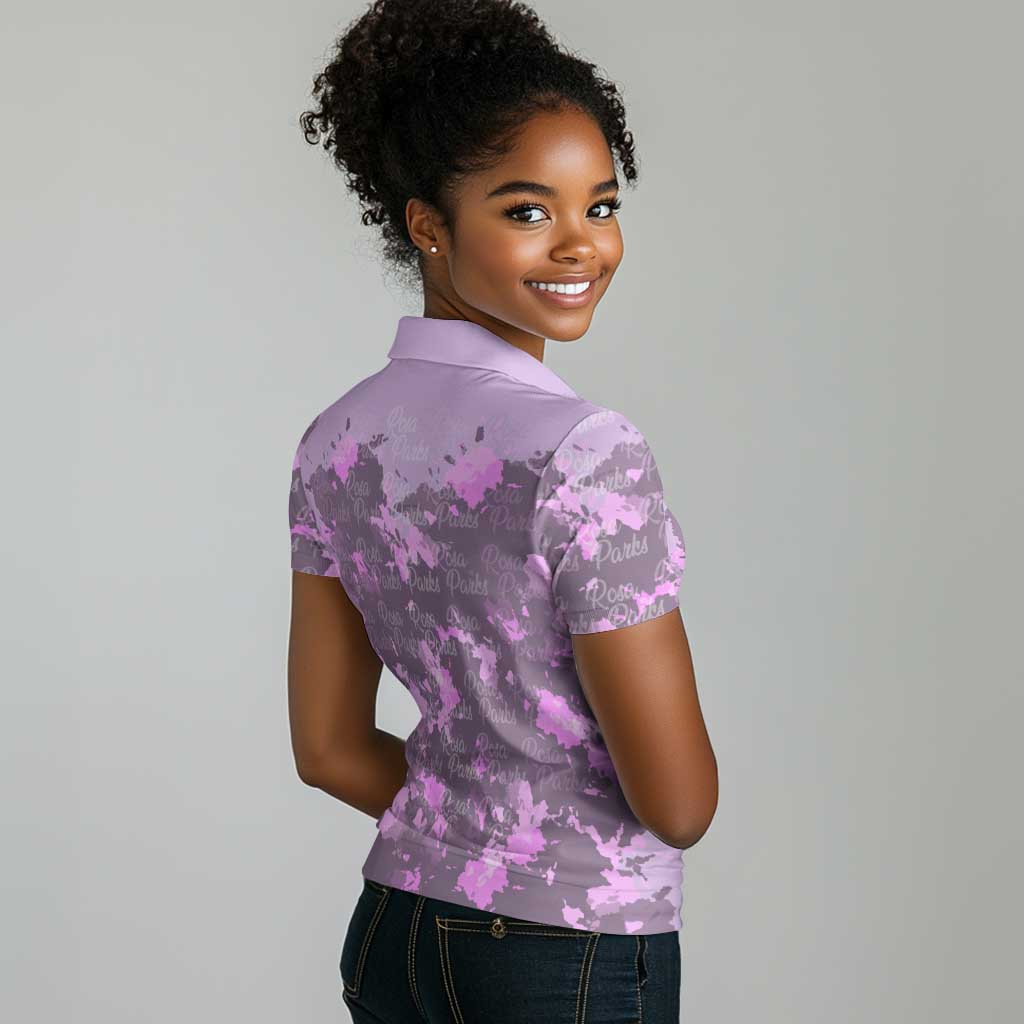 Rosa Parks Women Polo Shirt Purple Floral Pattern Civil Rights Tribute Bold Name Repeated Text Design TS04