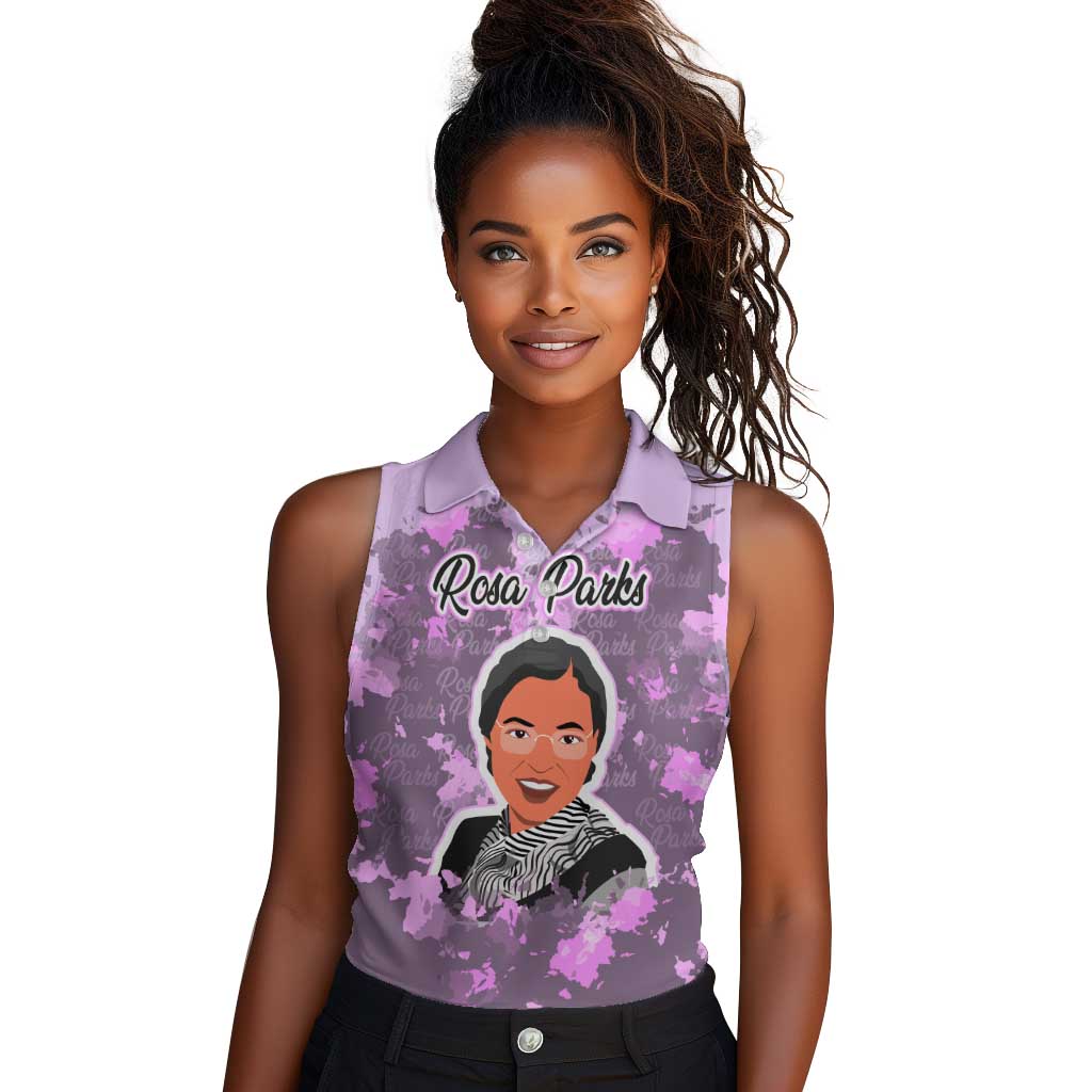 Rosa Parks Women Sleeveless Polo Shirt Purple Floral Pattern Civil Rights Tribute Bold Name Repeated Text Design - Wonder Print Shop