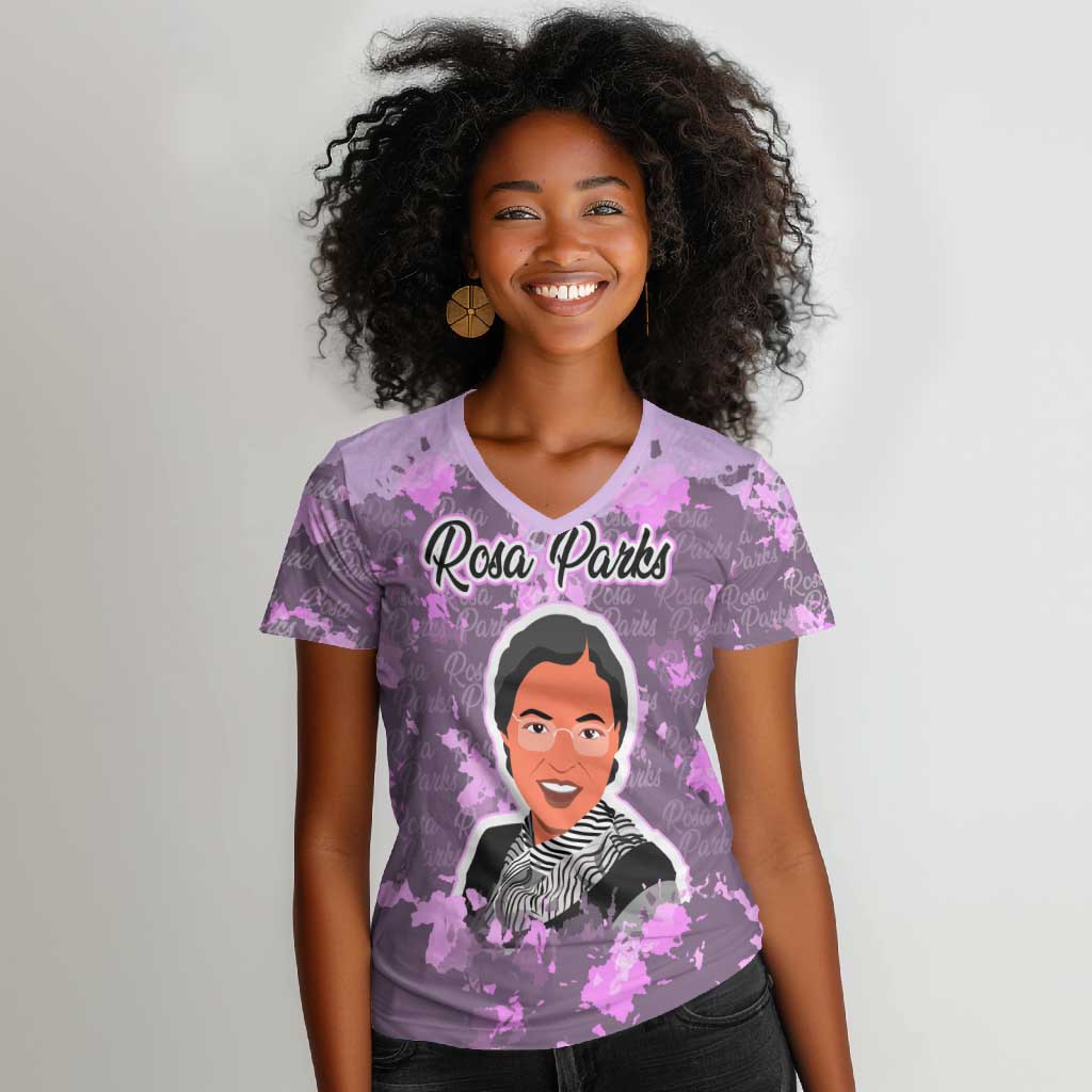 Rosa Parks Women V-Neck T-Shirt Purple Floral Pattern Civil Rights Tribute Bold Name Repeated Text Design TS04