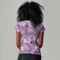 Rosa Parks Women V-Neck T-Shirt Purple Floral Pattern Civil Rights Tribute Bold Name Repeated Text Design TS04