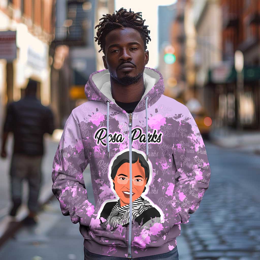 Rosa Parks Zip Hoodie Purple Floral Pattern Civil Rights Tribute Bold Name Repeated Text Design - Wonder Print Shop