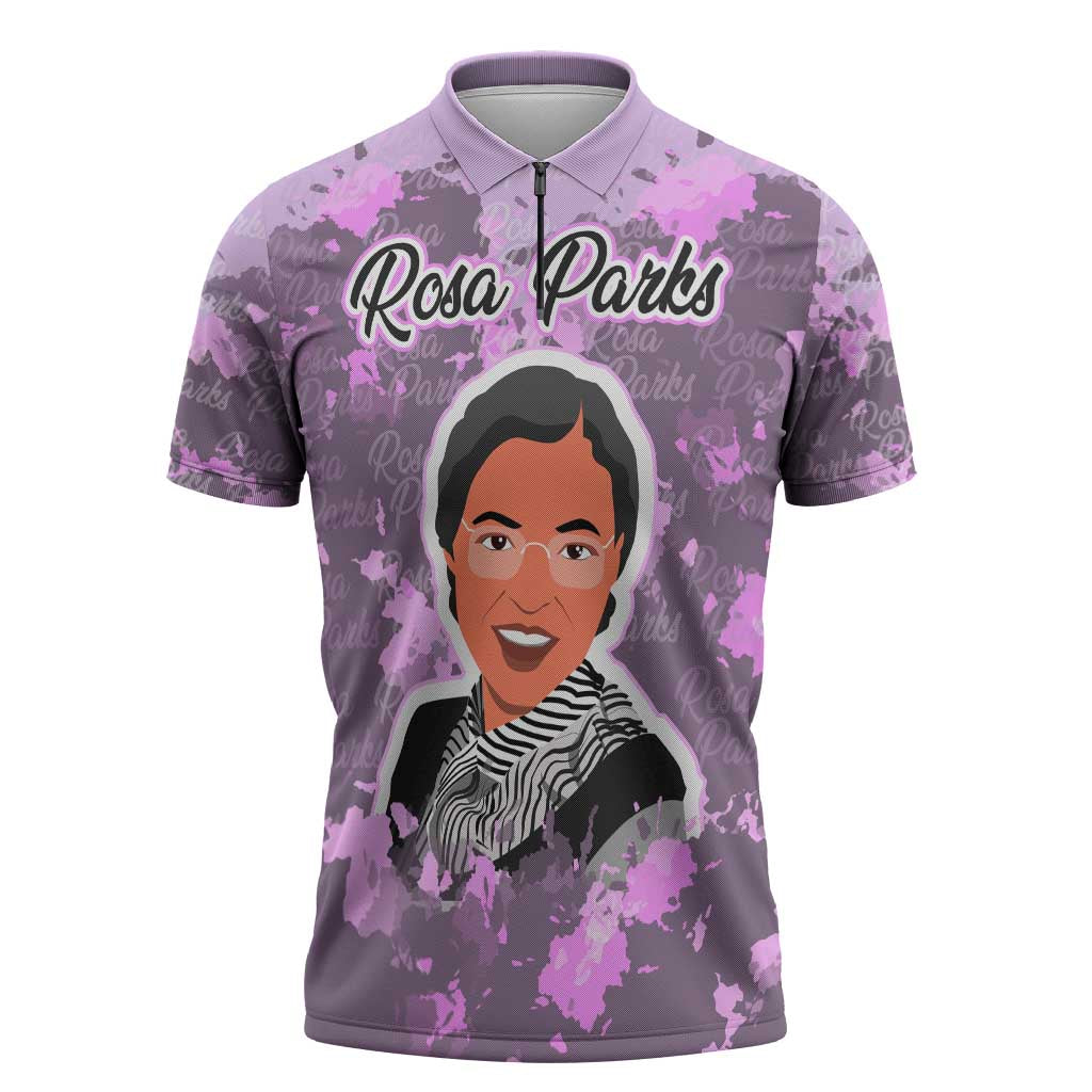 Rosa Parks Zipper Polo Shirt Purple Floral Pattern Civil Rights Tribute Bold Name Repeated Text Design - Wonder Print Shop