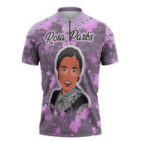 Rosa Parks Zipper Polo Shirt Purple Floral Pattern Civil Rights Tribute Bold Name Repeated Text Design - Wonder Print Shop