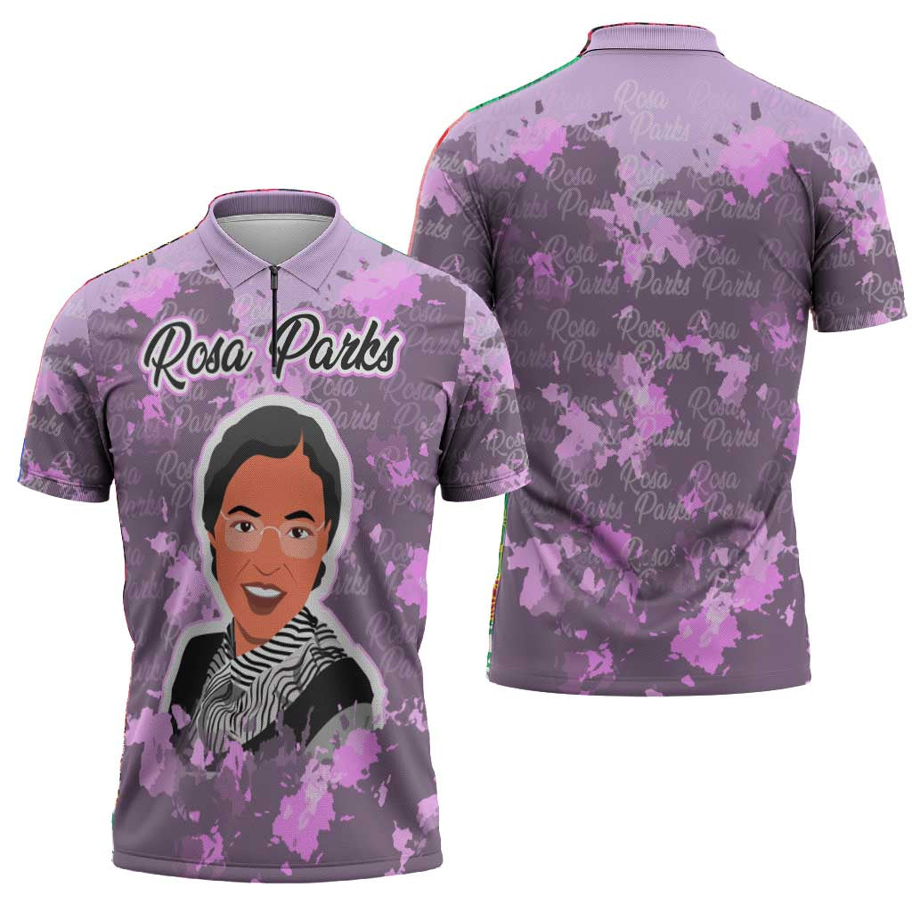 Rosa Parks Zipper Polo Shirt Purple Floral Pattern Civil Rights Tribute Bold Name Repeated Text Design - Wonder Print Shop