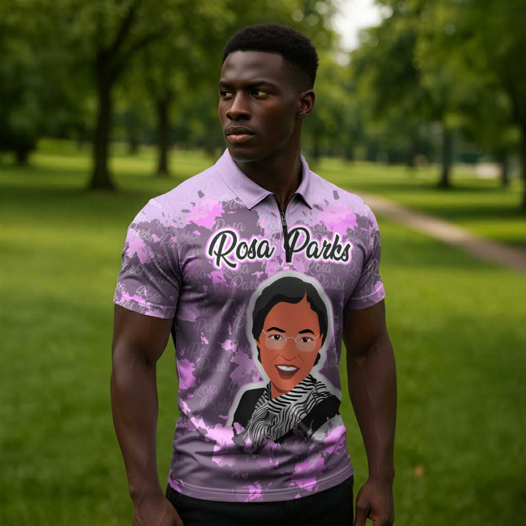 Rosa Parks Zipper Polo Shirt Purple Floral Pattern Civil Rights Tribute Bold Name Repeated Text Design - Wonder Print Shop