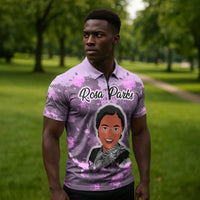 Rosa Parks Zipper Polo Shirt Purple Floral Pattern Civil Rights Tribute Bold Name Repeated Text Design - Wonder Print Shop