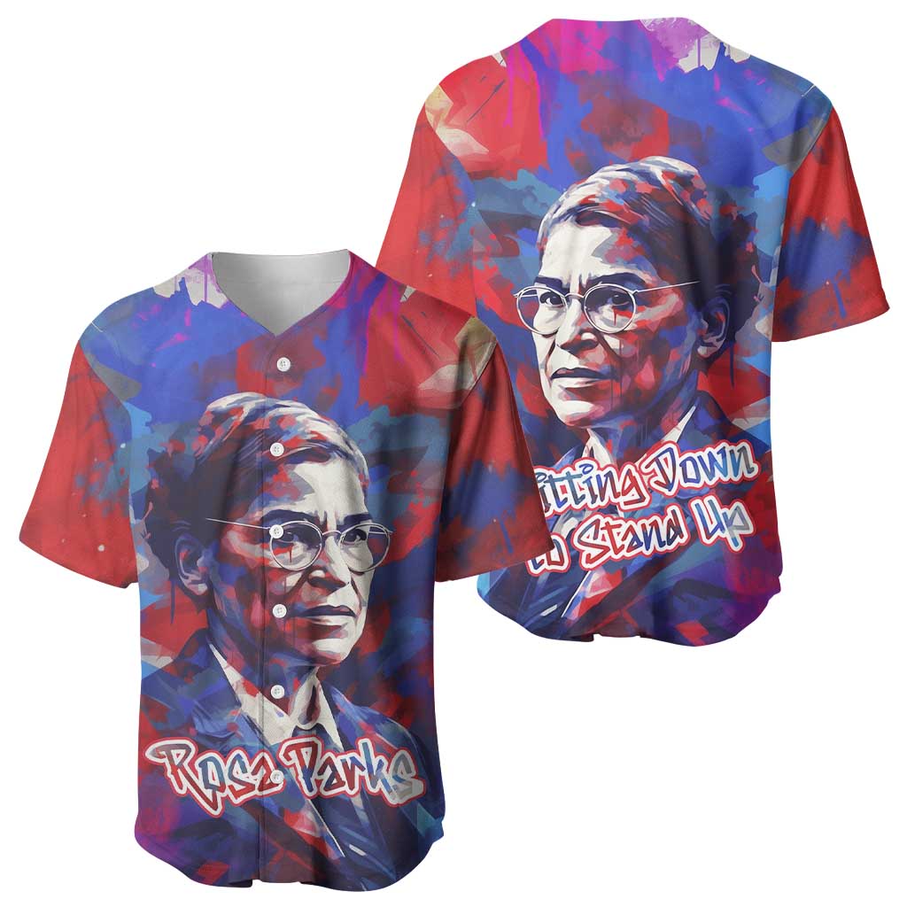 Rosa Parks Baseball Jersey Red Blue Abstract Art Portrait Sitting Down to Stand Up Quote Civil Rights Tribute TS04