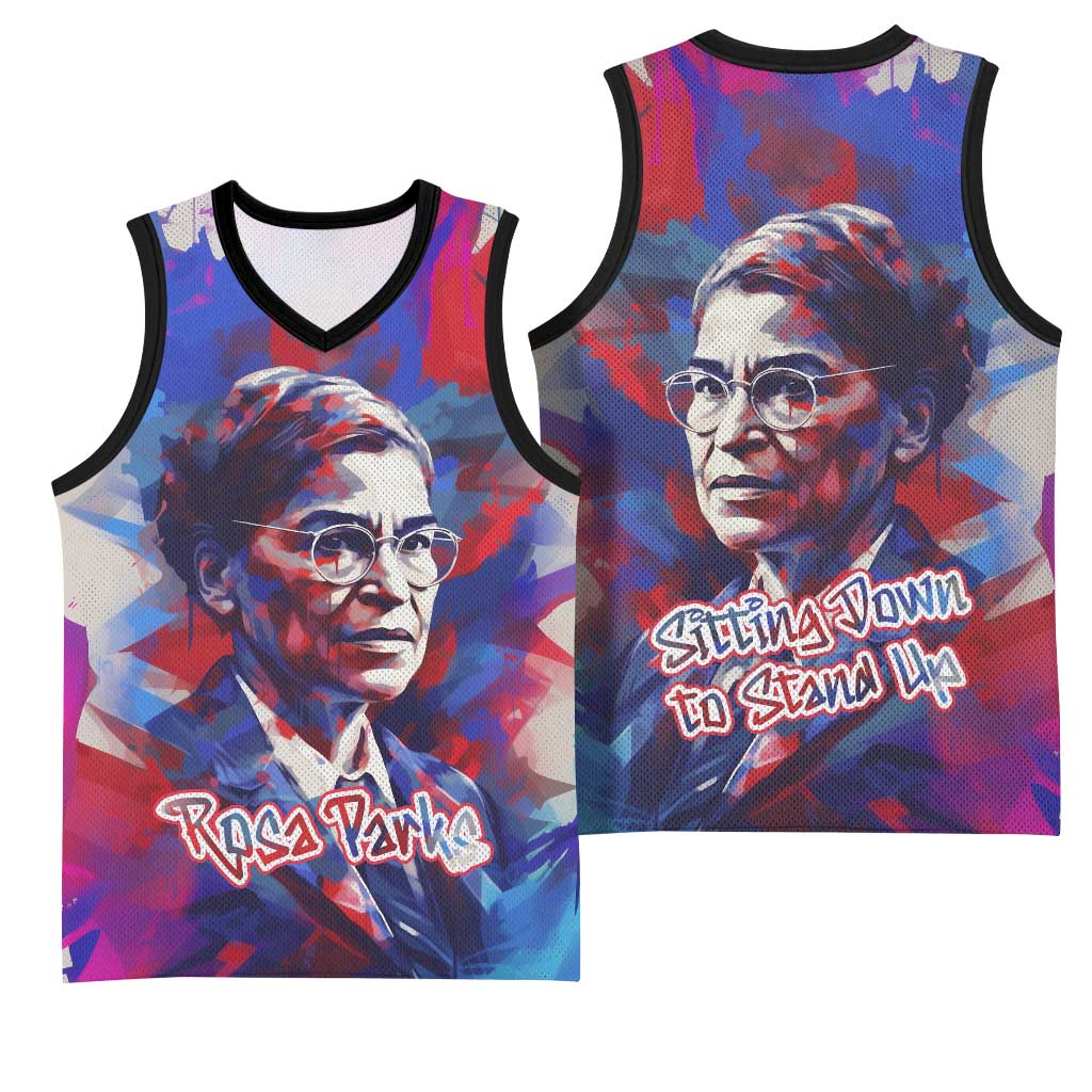 Rosa Parks Basketball Jersey Red Blue Abstract Art Portrait Sitting Down to Stand Up Quote Civil Rights Tribute - Wonder Print Shop