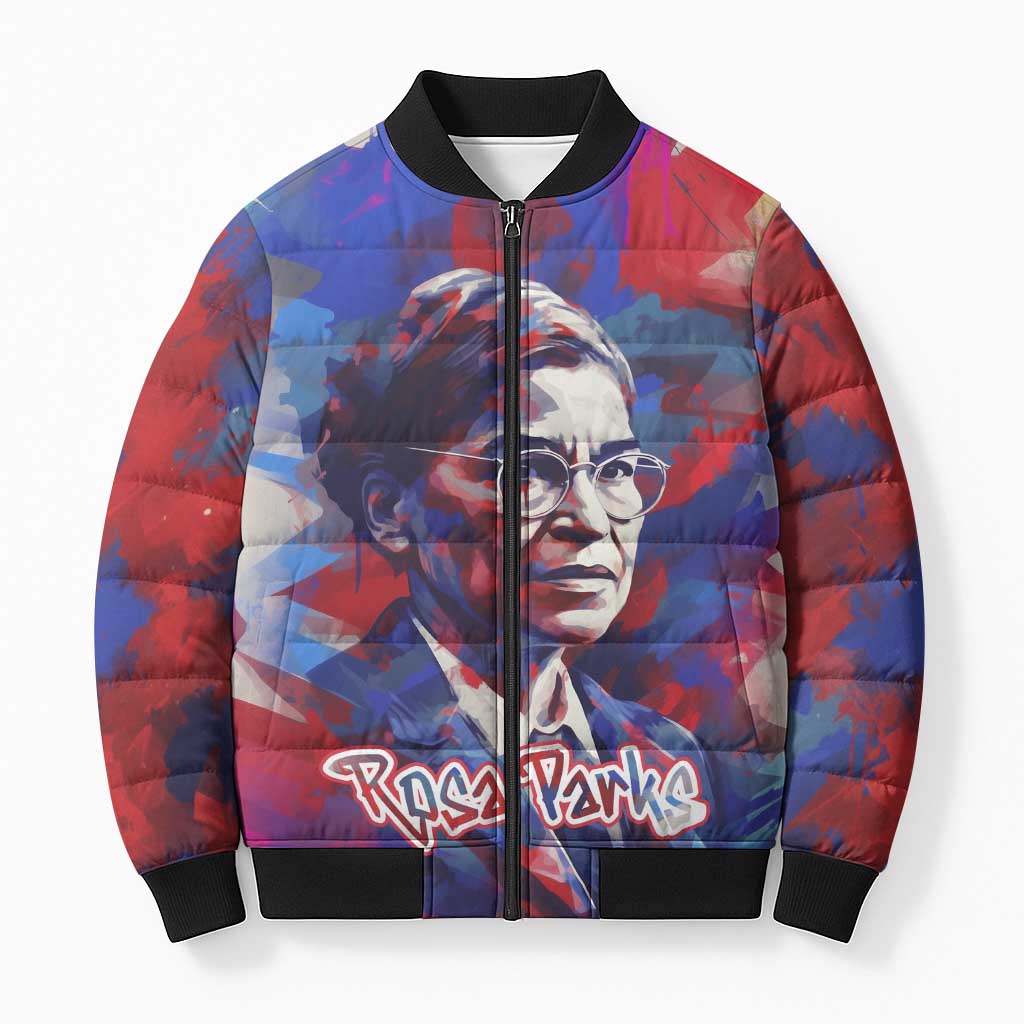 Rosa Parks Bomber Puffer Jacket Red Blue Abstract Art Portrait Sitting Down to Stand Up Quote Civil Rights Tribute - Wonder Print Shop