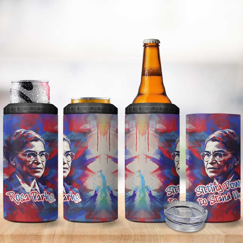 Rosa Parks 4 in 1 Can Cooler Tumbler Red Blue Abstract Art Portrait Sitting Down to Stand Up Quote Civil Rights Tribute - Wonder Print Shop