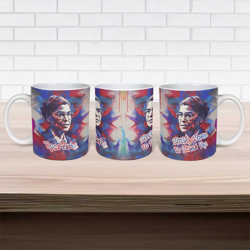 Rosa Parks Ceramic Mug Red Blue Abstract Art Portrait Sitting Down to Stand Up Quote Civil Rights Tribute - Wonder Print Shop