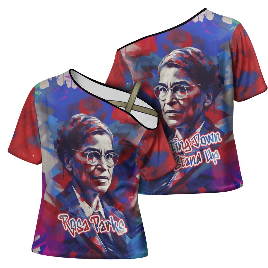 Rosa Parks Cross Shoulder Shirt Red Blue Abstract Art Portrait Sitting Down to Stand Up Quote Civil Rights Tribute - Wonder Print Shop