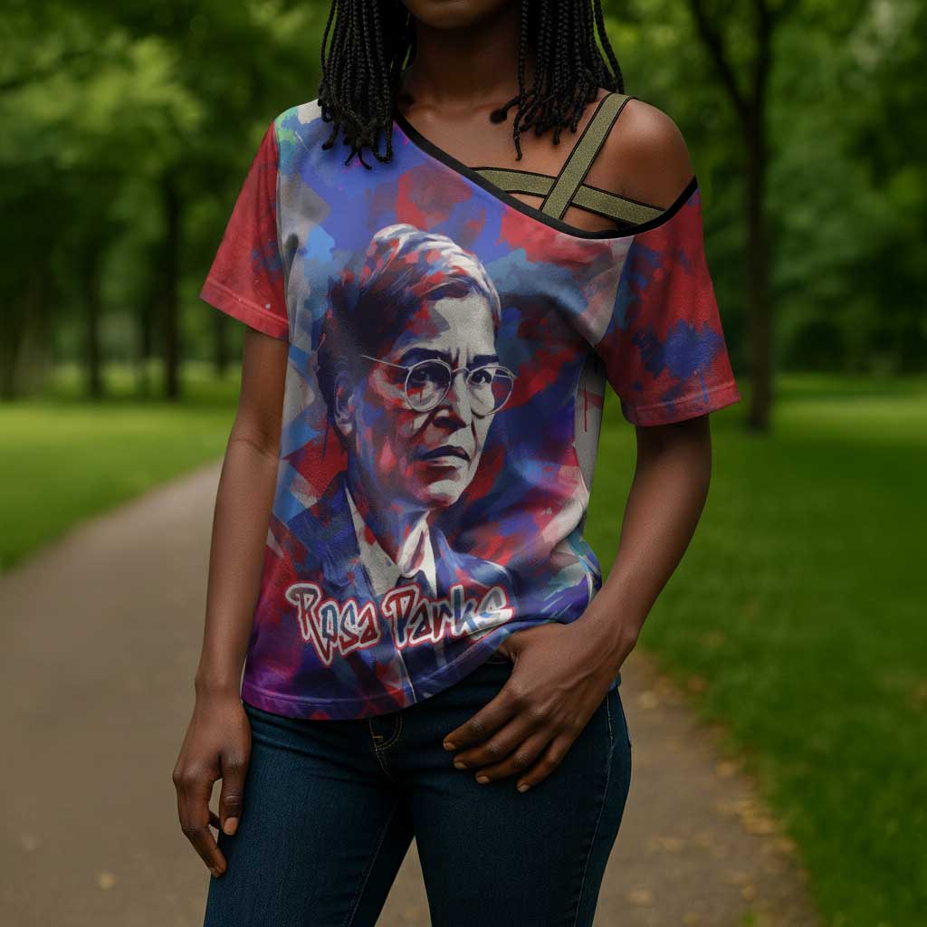 Rosa Parks Cross Shoulder Shirt Red Blue Abstract Art Portrait Sitting Down to Stand Up Quote Civil Rights Tribute - Wonder Print Shop