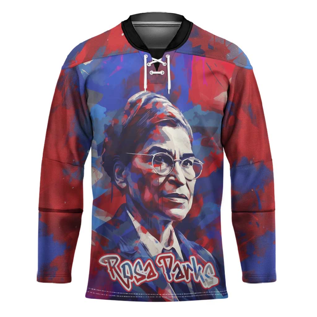 Rosa Parks Hockey Jersey Red Blue Abstract Art Portrait Sitting Down to Stand Up Quote Civil Rights Tribute - Wonder Print Shop