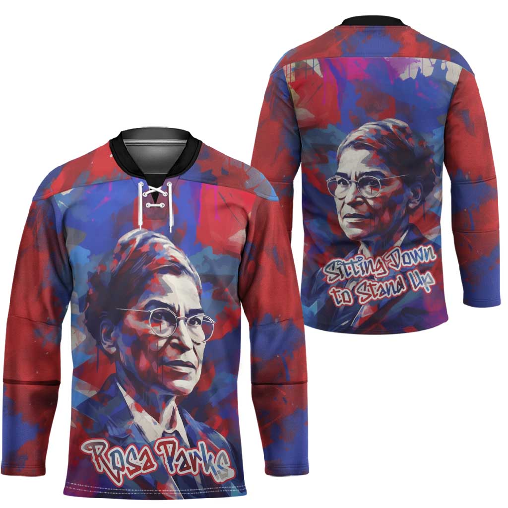 Rosa Parks Hockey Jersey Red Blue Abstract Art Portrait Sitting Down to Stand Up Quote Civil Rights Tribute - Wonder Print Shop