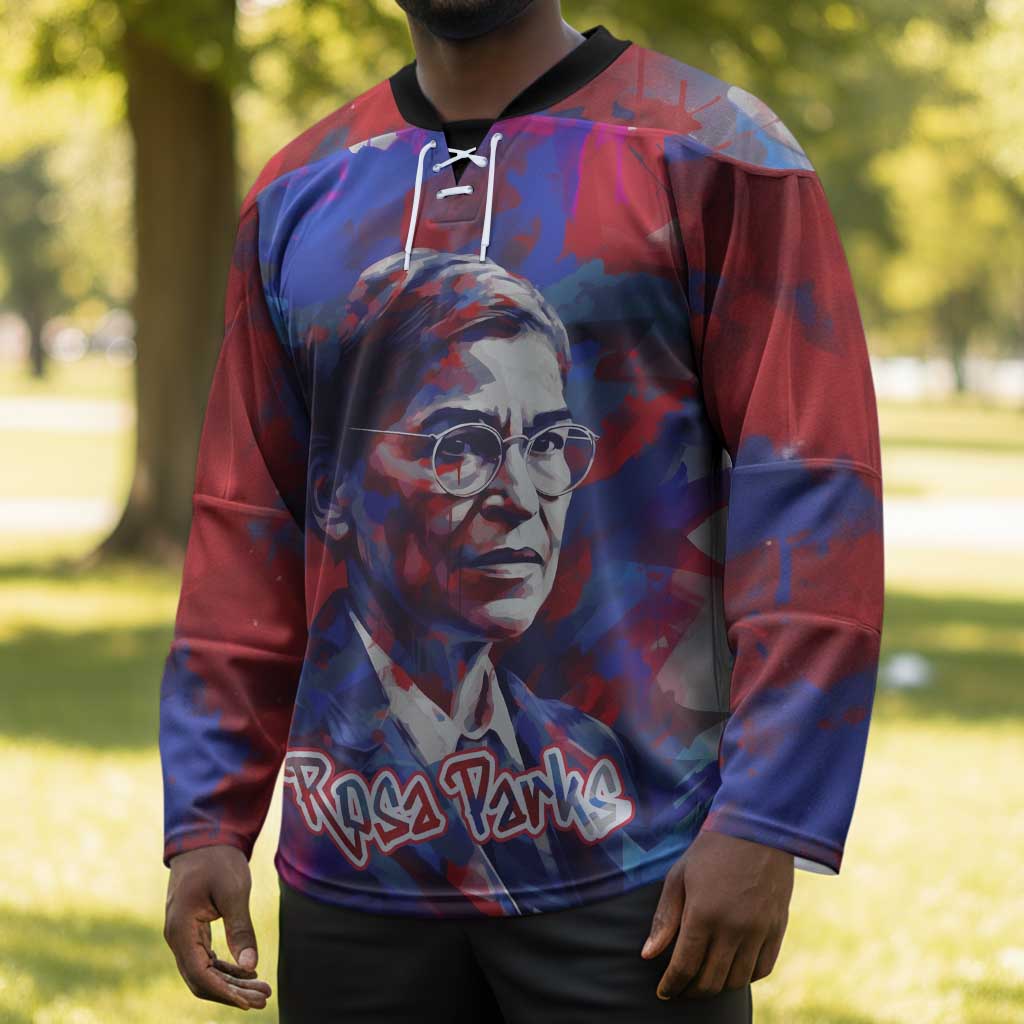 Rosa Parks Hockey Jersey Red Blue Abstract Art Portrait Sitting Down to Stand Up Quote Civil Rights Tribute - Wonder Print Shop