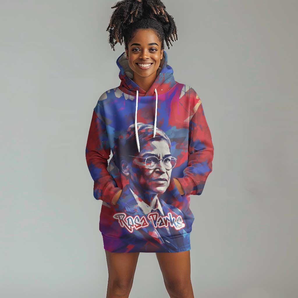 Rosa Parks Hoodie Dress Red Blue Abstract Art Portrait Sitting Down to Stand Up Quote Civil Rights Tribute - Wonder Print Shop
