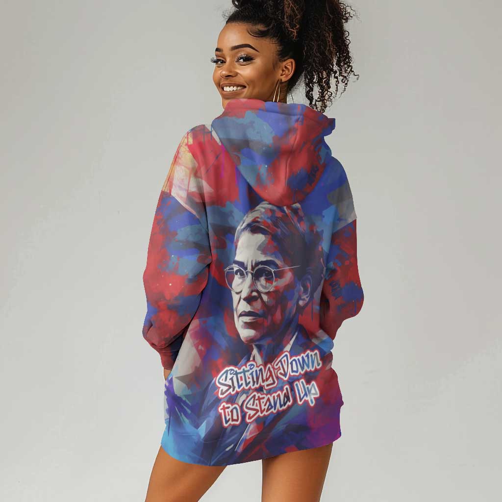 Rosa Parks Hoodie Dress Red Blue Abstract Art Portrait Sitting Down to Stand Up Quote Civil Rights Tribute - Wonder Print Shop