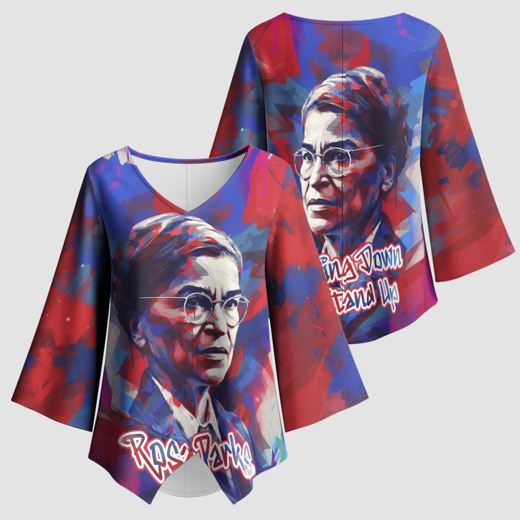 Rosa Parks Kimono Sleeve Blouse Red Blue Abstract Art Portrait Sitting Down to Stand Up Quote Civil Rights Tribute - Wonder Print Shop