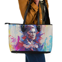 Rosa Parks Leather Tote Bag Red Blue Abstract Art Portrait Sitting Down to Stand Up Quote Civil Rights Tribute - Wonder Print Shop