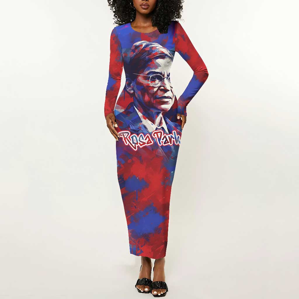 Rosa Parks Long Sleeve Bodycon Dress Red Blue Abstract Art Portrait Sitting Down to Stand Up Quote Civil Rights Tribute - Wonder Print Shop