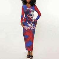 Rosa Parks Long Sleeve Bodycon Dress Red Blue Abstract Art Portrait Sitting Down to Stand Up Quote Civil Rights Tribute - Wonder Print Shop