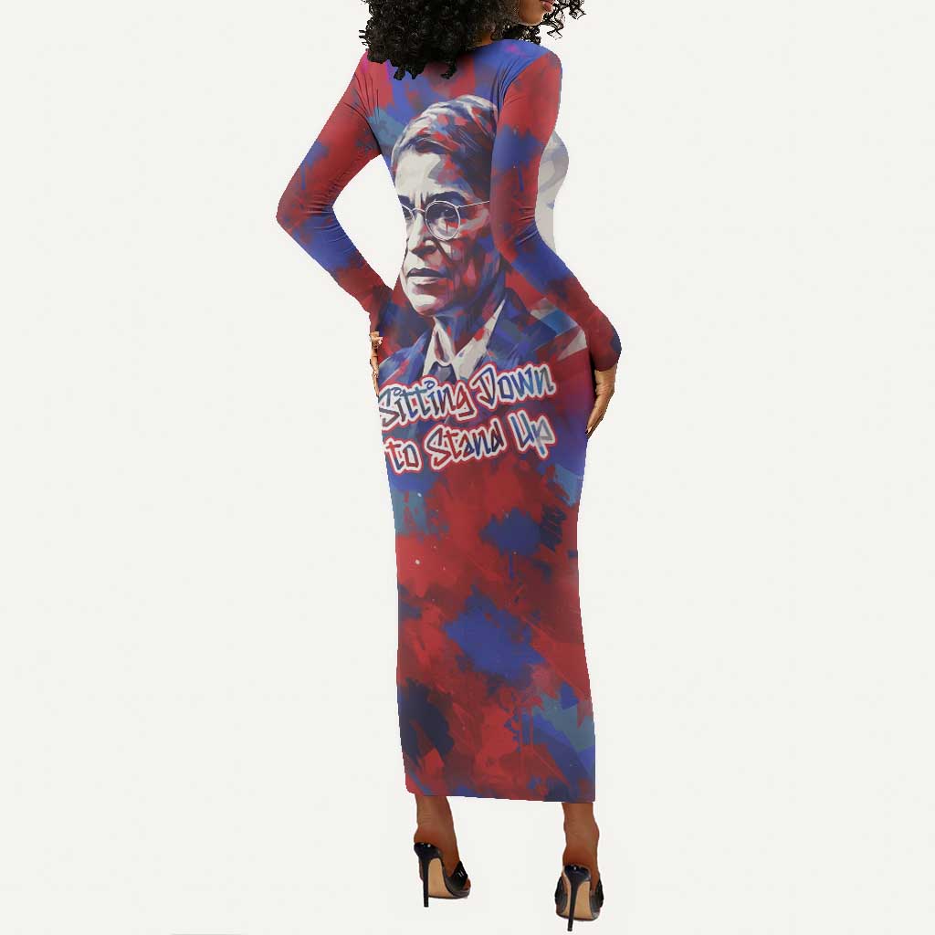 Rosa Parks Long Sleeve Bodycon Dress Red Blue Abstract Art Portrait Sitting Down to Stand Up Quote Civil Rights Tribute - Wonder Print Shop