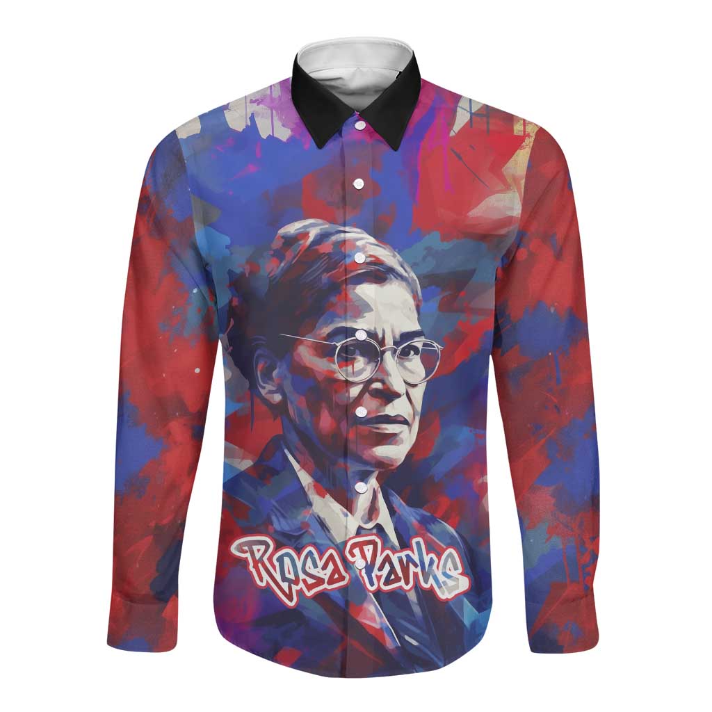 Rosa Parks Long Sleeve Button Shirt Red Blue Abstract Art Portrait Sitting Down to Stand Up Quote Civil Rights Tribute - Wonder Print Shop