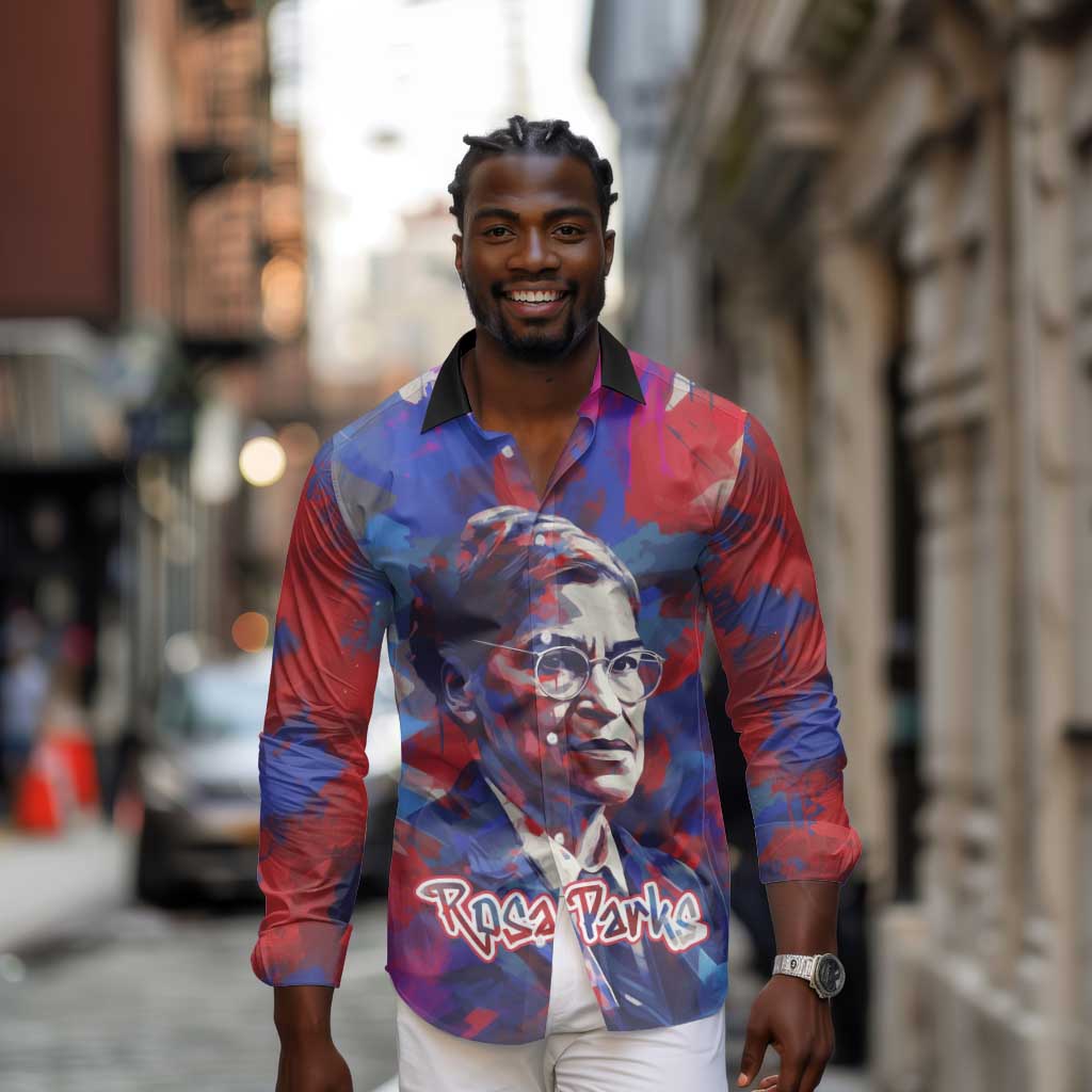 Rosa Parks Long Sleeve Button Shirt Red Blue Abstract Art Portrait Sitting Down to Stand Up Quote Civil Rights Tribute - Wonder Print Shop