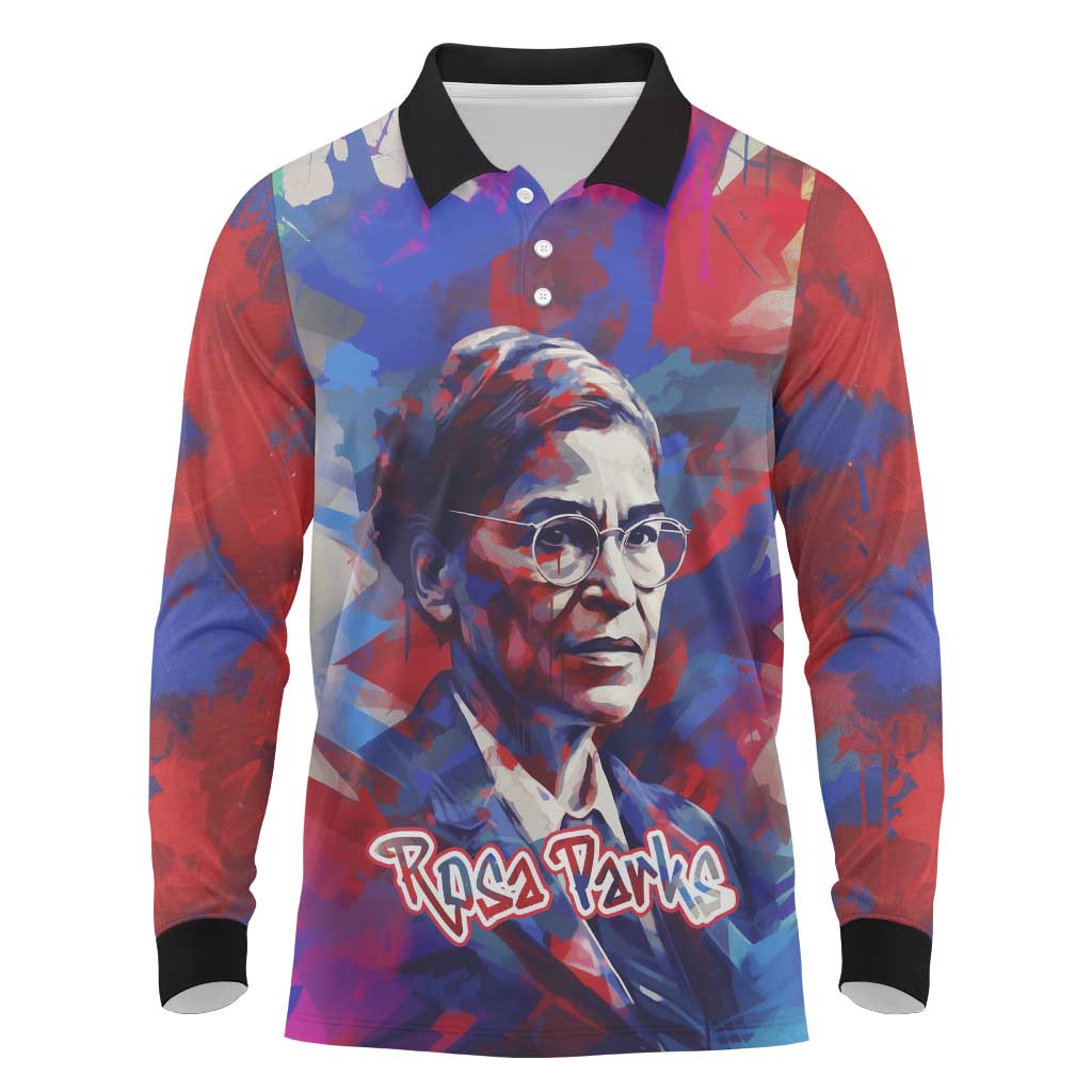 Rosa Parks Long Sleeve Polo Shirt Red Blue Abstract Art Portrait Sitting Down to Stand Up Quote Civil Rights Tribute - Wonder Print Shop