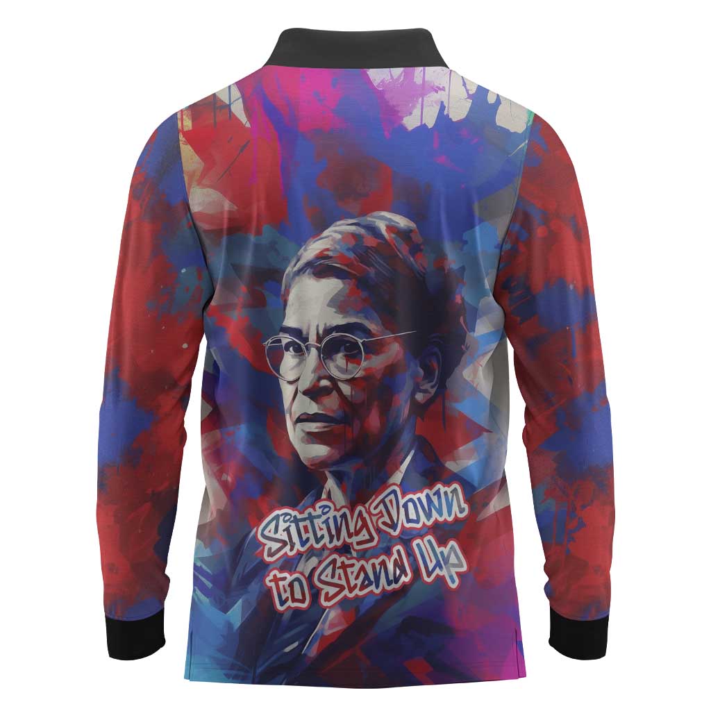 Rosa Parks Long Sleeve Polo Shirt Red Blue Abstract Art Portrait Sitting Down to Stand Up Quote Civil Rights Tribute - Wonder Print Shop