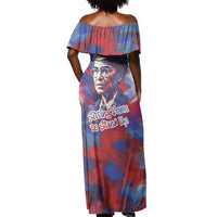 Rosa Parks Off Shoulder Maxi Dress Red Blue Abstract Art Portrait Sitting Down to Stand Up Quote Civil Rights Tribute - Wonder Print Shop