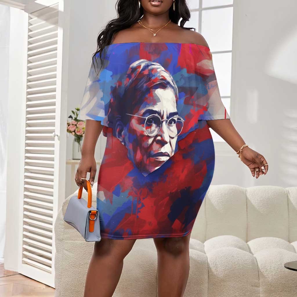 Rosa Parks Off Shoulder Short Dress Red Blue Abstract Art Portrait Sitting Down to Stand Up Quote Civil Rights Tribute - Wonder Print Shop