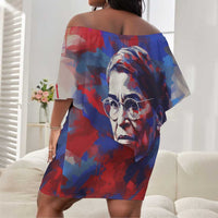 Rosa Parks Off Shoulder Short Dress Red Blue Abstract Art Portrait Sitting Down to Stand Up Quote Civil Rights Tribute - Wonder Print Shop