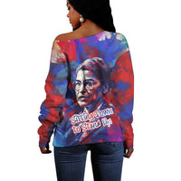 Rosa Parks Off Shoulder Sweater Red Blue Abstract Art Portrait Sitting Down to Stand Up Quote Civil Rights Tribute - Wonder Print Shop