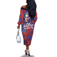 Rosa Parks Off The Shoulder Long Sleeve Dress Red Blue Abstract Art Portrait Sitting Down to Stand Up Quote Civil Rights Tribute - Wonder Print Shop