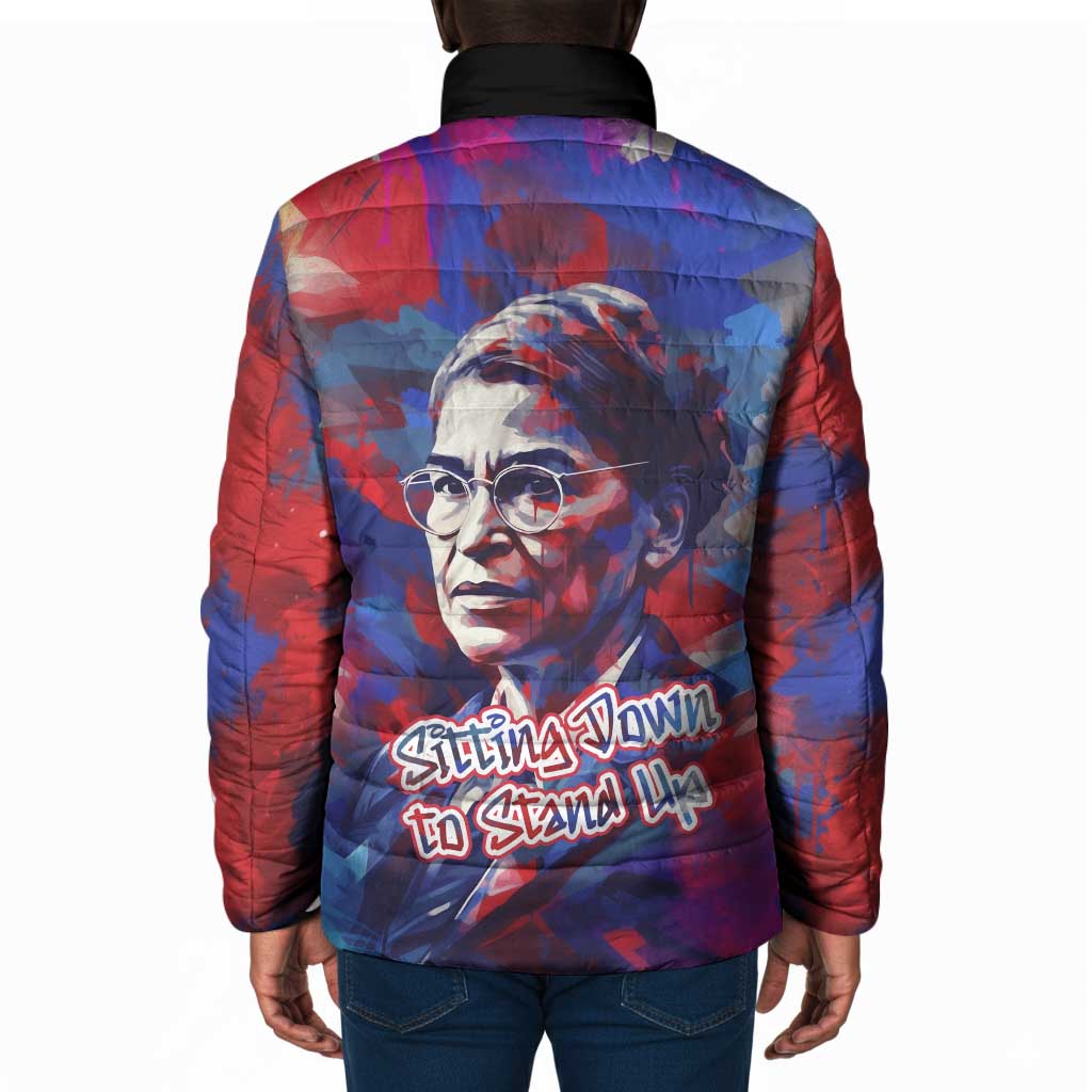 Rosa Parks Padded Jacket Red Blue Abstract Art Portrait Sitting Down to Stand Up Quote Civil Rights Tribute - Wonder Print Shop