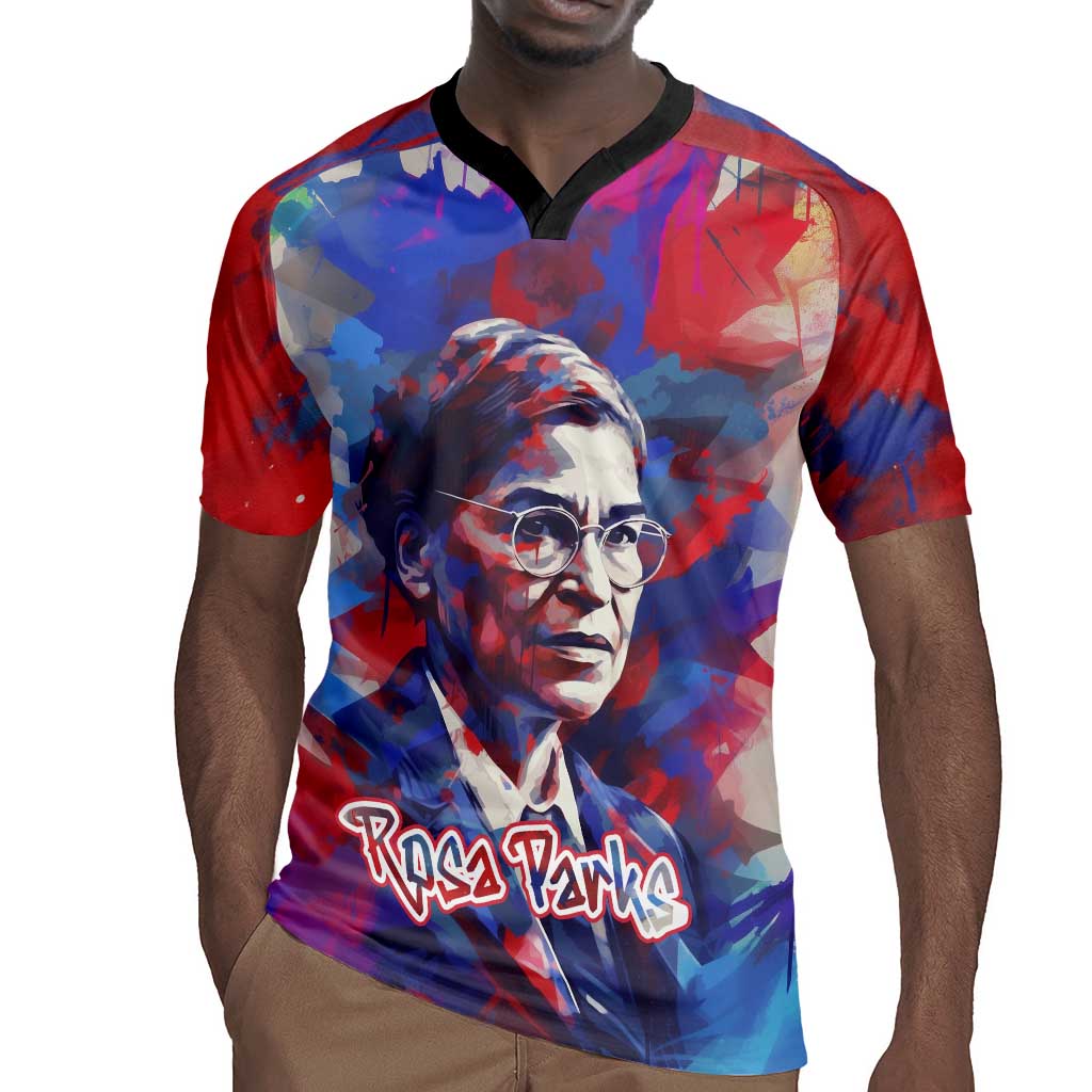 Rosa Parks Rugby Jersey Red Blue Abstract Art Portrait Sitting Down to Stand Up Quote Civil Rights Tribute TS04