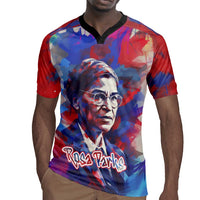 Rosa Parks Rugby Jersey Red Blue Abstract Art Portrait Sitting Down to Stand Up Quote Civil Rights Tribute TS04