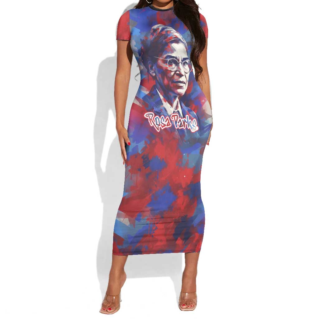 Rosa Parks Short Sleeve Bodycon Dress Red Blue Abstract Art Portrait Sitting Down to Stand Up Quote Civil Rights Tribute TS04